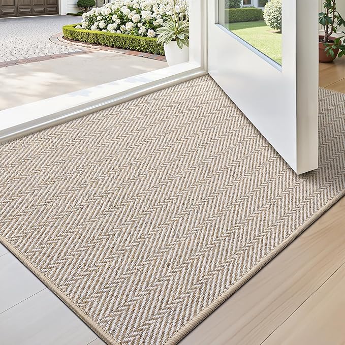LUMI Ultra Thin Indoor Door Mat for Entrance 24"x36", Non Slip Entryway Mat, Low Profile Doormat, Unique Herringbone Design Carpet for Inside, Patio, Porch, Beige