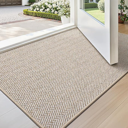 LUMI Ultra Thin Indoor Door Mat for Entrance 24"x36", Non Slip Entryway Mat, Low Profile Doormat, Unique Herringbone Design Carpet for Inside, Patio, Porch, Beige