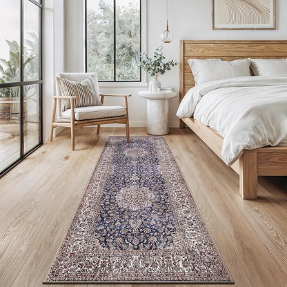 Bloom Rugs Washable Non-Slip 7 ft Runner - Dark Blue/Beige Traditional Medallion Runner for Entryway, Hallway, Bathroom, and Kitchen - Exact Size: 2.5' x 7'