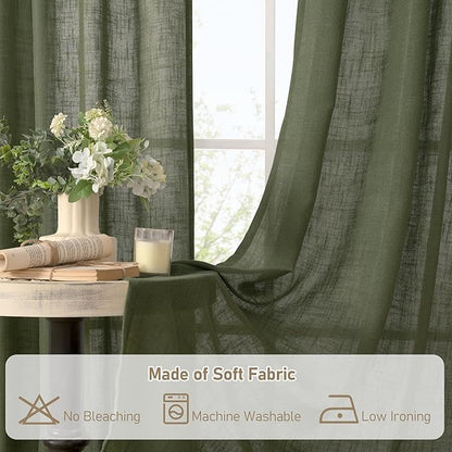 LAMIT Olive Green Linen Kitchen Curtains 24 Inch Length, Semi Sheer Light Filtering Window Panels Back Tab and Rod Pocket Drapes for Basement/Small Windows, 25 x 24 Inch, 2 Panels