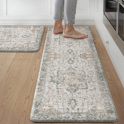 GENIMO Kitchen Mats for Floor 2PCs, Washable Anti Fatigue Mat for Cushioned, 17.3"x47"+17.3"x30", Waterproof Kitchen Rugs, Non Slip Comfort Standing Mat Rug for Home, Sink, Laundry, LightTaupeBrown