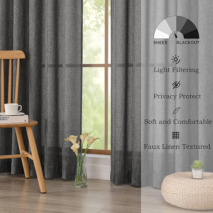 Simplebrand Grey Faux Linen Textured Semi Sheer Curtains 96 Inches Long 2 Panels Set, Light Filtering Soft Thick Farmhouse Curtains Window Treatment for Bedroom/Living Room/Dining Room, 50 x 96 Inch
