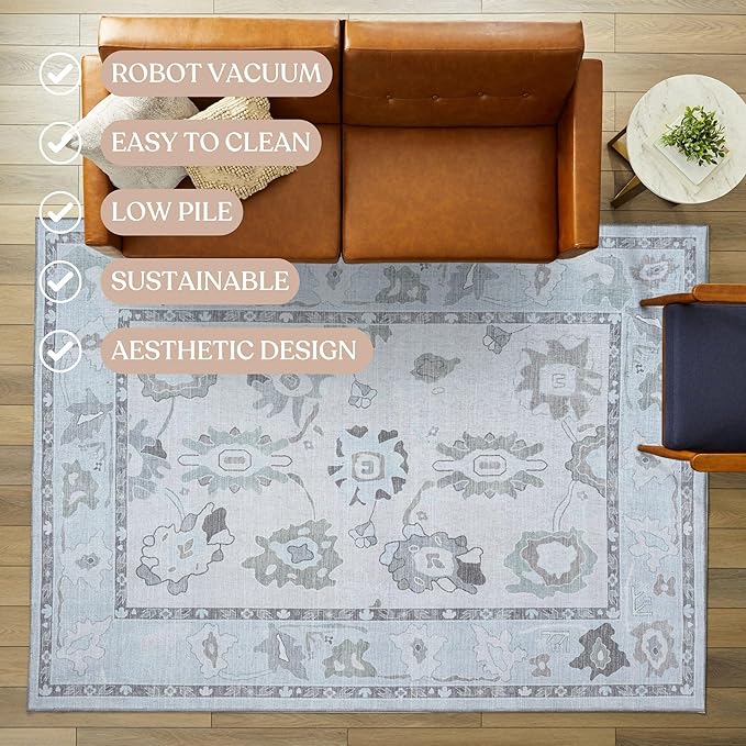 Fame Living Cream Beige Oushak Rug, Modern, Vintage, Turkish, Eclectic, Floral, Pastel, Washable, Area Rugs for Living Room, Dining, Bedroom, Nursery, Girls, Boys, 5'9"x8'9"