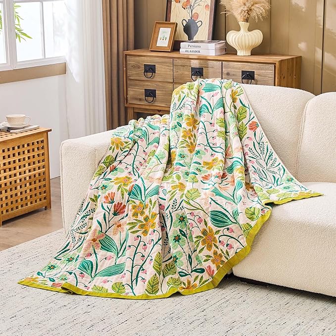 Beige Boho Throw Blanket, 100% Cotton Blankets for Couch Bed, 60"x80"Cotton Quilt Travel Muslin Blankets Farmhouse Home Decor Soft Lightweight Picnic Blanket for Summer