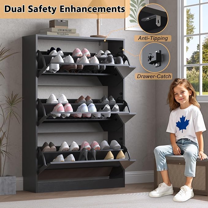 Shoe Cabinet with 3-Flip Mirror Drawers, Freestanding Shoe Rack Organizer with - Image 6