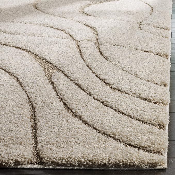 SAFAVIEH Florida Shag Collection 4' Round Cream/Beige SG471 Abstract Wave Non-Shedding Living Room Bedroom Dining Room Entryway Plush 1.2-inch Thick Area Rug