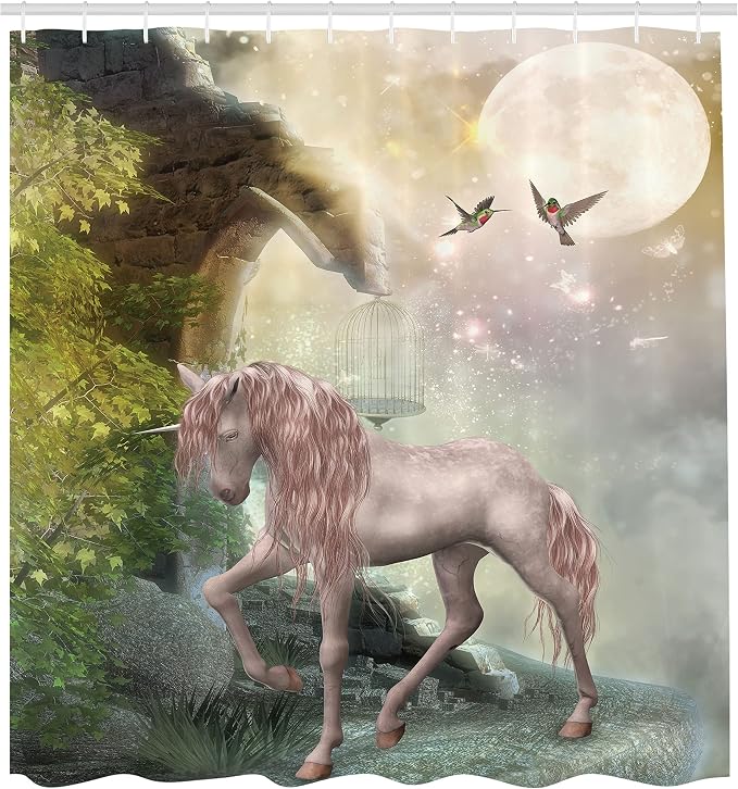 Ambesonne Hummingbirds Shower Curtain, Unicorn Green Spring Leaves Birds - Image 2