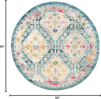 SAFAVIEH Madison Collection 5' Round Dark Blue / Yellow MAD418N Boho Diamond Distressed Non-Shedding Dining Room Entryway Foyer Living Room Bedroom Area Rug