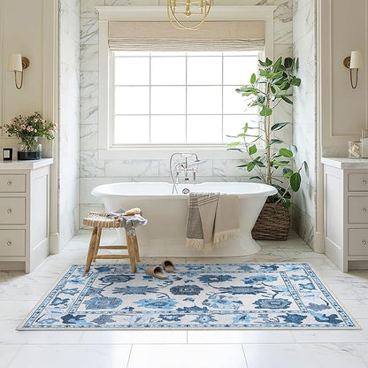 Fame Living Navy Blue Oushak Rug, Modern, Vintage, Turkish, Eclectic, Floral, Pastel, Washable, Area Rugs for Living Room, Dining, Bedroom, Nursery, Girls, Boys, 5'9"x8'9"