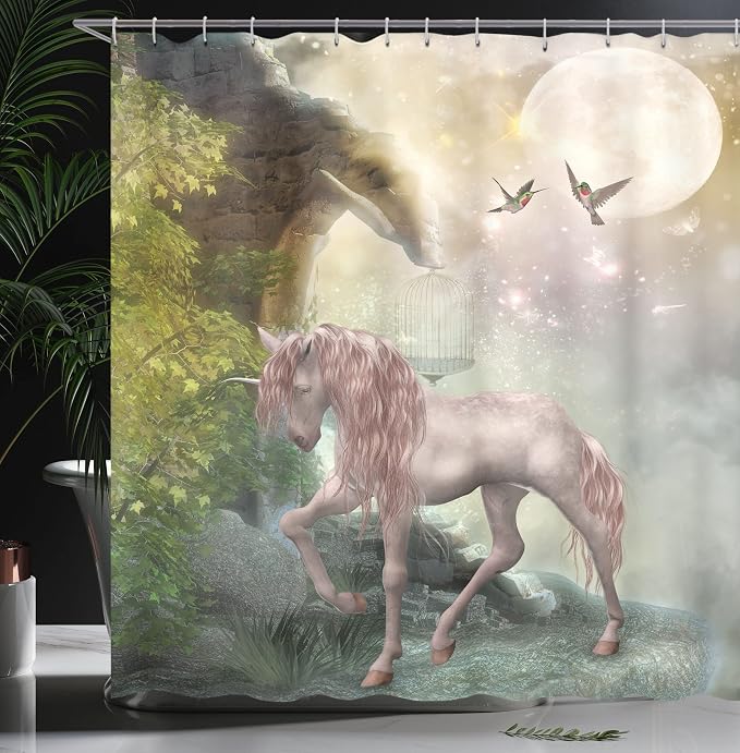 Ambesonne Hummingbirds Shower Curtain, Unicorn Green Spring Leaves Birds - Image 3