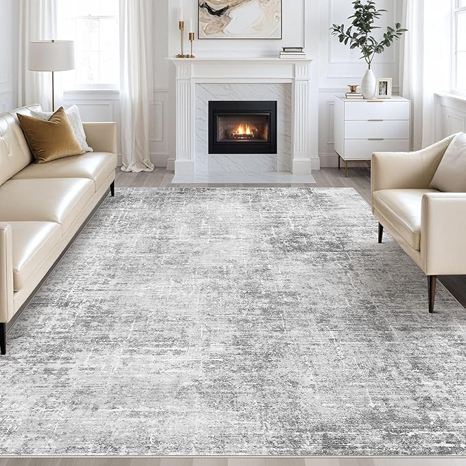 Abstract Living Room Rug 10x12 - Modern Washable Soft Thin Area Rug for Living Room Bedroom Under Dining Table - Neutral Indoor Floor Rug Carpets for Home Office Playroom Nursery - Grey White