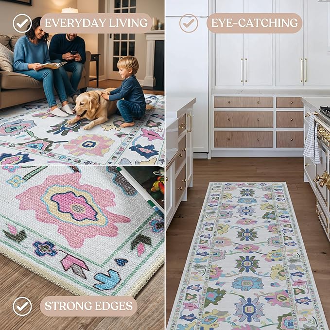 Fame Living Colorful Oushak Rug, Modern, Vintage, Turkish, Eclectic, Floral, Pastel, Washable, Extra Large Area Rugs for Living Room, Dining, Bedroom, Lounge, 9'x12'