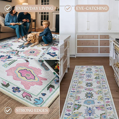 Fame Living Colorful Oushak Rug, Modern, Vintage, Turkish, Eclectic, Floral, Pastel, Washable, Extra Large Area Rugs for Living Room, Dining, Bedroom, Lounge, 9'x12'
