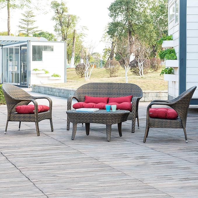 QILLOWAY Outdoor Patio Wicker Seat Cushions Group Loveseat/Two U-Shape/Two Lumbar Pillows for Patio Furniture,Wicker Loveseat,Bench,Porch,All Weather, Settee of 5 (RED)