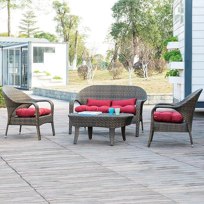 QILLOWAY Outdoor Patio Wicker Seat Cushions Group Loveseat/Two U-Shape/Two Lumbar Pillows for Patio Furniture,Wicker Loveseat,Bench,Porch,All Weather, Settee of 5 (RED)