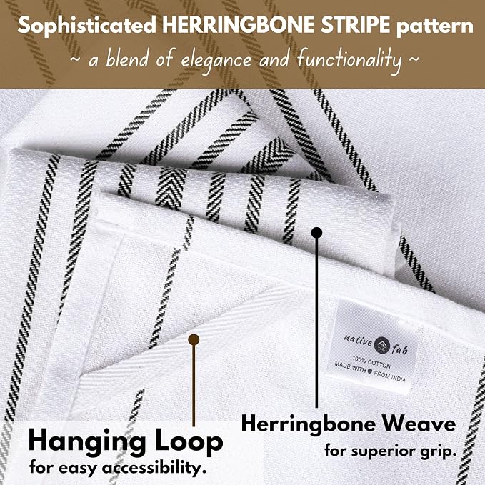 Native Fab Black Stripe Kitchen Towels 12 Pack Herringbone Scandia Weave 16"x26" - Image 7