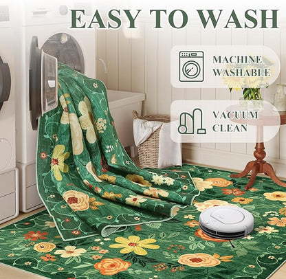 DUKINO 8x10 Area Rug, Floral Rugs for Living Room, Lightweight Non Slip Washable Rug, Indoor Low Pile & Non-Shedding Boho Design Rugs for Bedroom, Living Room, Dining Room, Dark Green