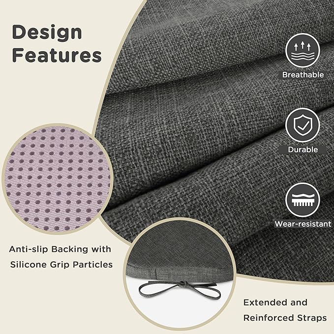 AddGrace Chair Cushions for Dining Chairs Set of 6 Windsor Kitchen Chair Cushions with Removable Textured Cover and Non Slip Bottom Indoor Chair Pads with Ties and Foam (16.5x15.5 Inches Darkgrey)