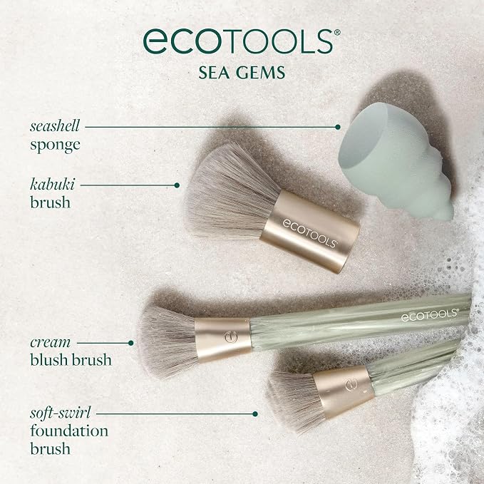 EcoTools Sea Gems Face Makeup Brush & Sponge 4 Piece Set, Eco-Friendly Makeup - Image 3