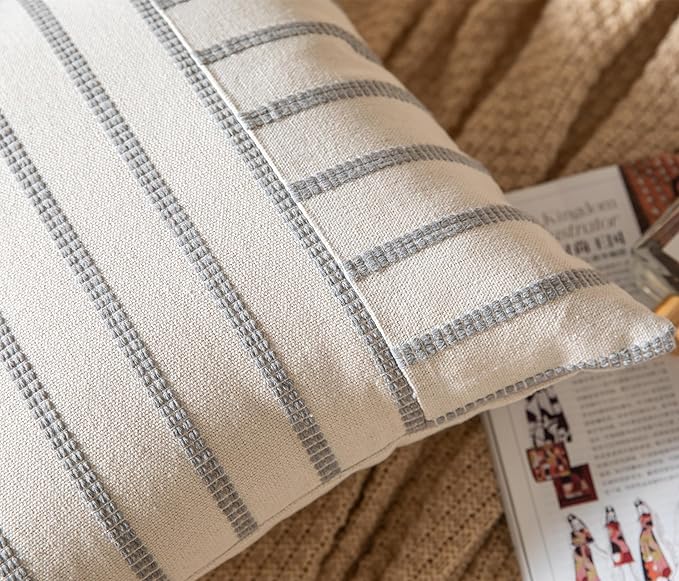 Caflife Boho Throw Pillow Covers 20x20 Set of 2 Soft Farmhouse Decorative Couch Pillow Cases Grey Striped Pillow Covers Neutral Cushion Covers for Sofa Bed Living Room Home Decor