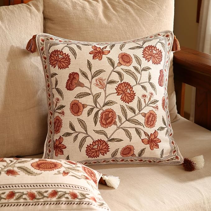 ISAENNE Design Linen Square Vintage Throw Pillow Covers 18"x18" Pack of 2, Brick Red Cushion Covers with Orange Floral Green Leaves Pattern Decoration Pillowcases for Bed,Living Room,Outdoor,Car