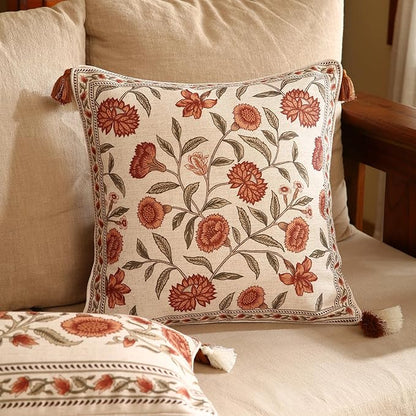 ISAENNE Design Linen Square Vintage Throw Pillow Covers 18"x18" Pack of 2, Brick Red Cushion Covers with Orange Floral Green Leaves Pattern Decoration Pillowcases for Bed,Living Room,Outdoor,Car