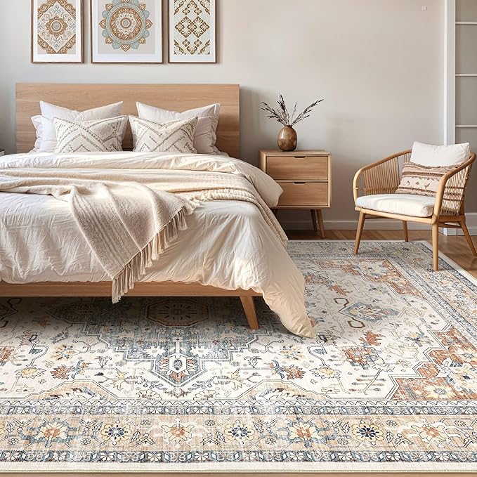 10x12 Area Rug Living Room: Washable Boho Large Neutral Vintage Soft Rugs Stain Resistant Distressed Farmhouse Non-Slip Indoor Floor Carpet for Bedroom Nursery Kids Office Dining Room- Beige Blue