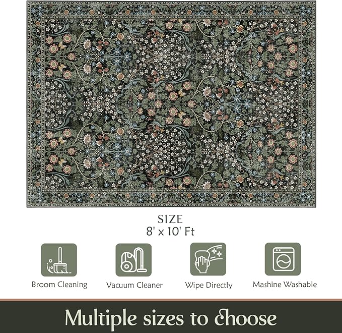 MUJOO 8x10 Area Rugs,Floral Washable Rugs for Living Room Dining Room Bedroom,Large Throw Carpet,Boho Non Slip Indoor Floor Big Soft Botanical Vintage Ultra-Thin Black and Green