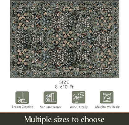 MUJOO 8x10 Area Rugs,Floral Washable Rugs for Living Room Dining Room Bedroom,Large Throw Carpet,Boho Non Slip Indoor Floor Big Soft Botanical Vintage Ultra-Thin Black and Green