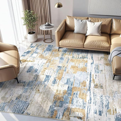 Abstract Living Room Rug 6x9 - Modern Washable Soft Thin Area Rug for Living Room Bedroom Under Dining Table - Neutral Indoor Floor Rug Carpets for Home Office Playroom Nursery - Blue Gold
