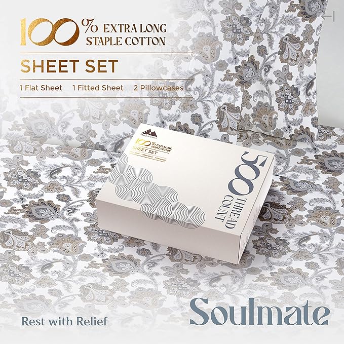 Mayfair Linen 100% Cotton Printed California King Cotton Sheets - 4 PC Cal King Size Bed Sheet Set Cotton (Floral Ivory), Soft, Cooling, Sateen Weave 16" Deep Pocket Bedsheet (Fits 18" Mattress)
