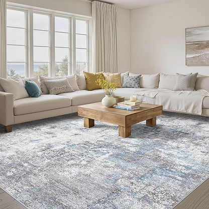 Washable 7x9 Area Rug: Modern Abstract Soft Non-Slip Indoor Rugs Home Decor - Low Pile Stain Resistant Carpet for Living Room Bedroom Dining Room Playroom Office(Blue Grey 7'x9')