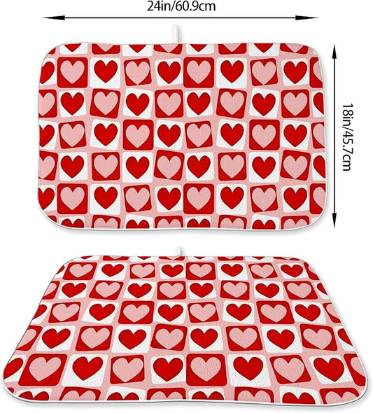 Valentines Day Dish Drying Mats 18x24 Inch Pink Red Heart Plaid Drying Mats - Image 2