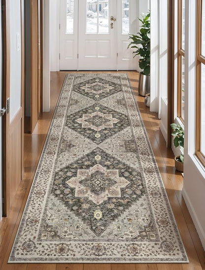 Tangsoo 2.6x8 Washable Runner Rug for Hallways, Non Slip Vintage, Soft Low Pile Long Runner, Print Distressed Grey Carpet Runners for Kitchen Bedroom Entryway Bathroom Living Room