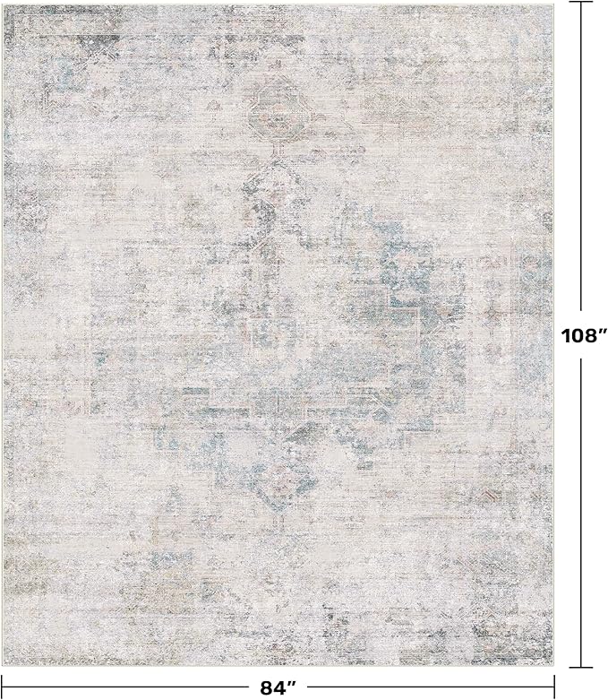 Blue Farmhouse Area Rug for Bedroom - 7x9 Washable Rug for Dining Room Table, Ultra-Thin Soft Textured Boho Abstract Blue and Gray Indoor Decor, Fade & Stain Resistant