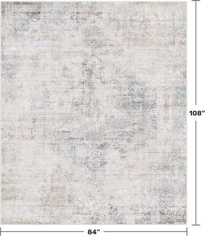 Blue Farmhouse Area Rug for Bedroom - 7x9 Washable Rug for Dining Room Table, Ultra-Thin Soft Textured Boho Abstract Blue and Gray Indoor Decor, Fade & Stain Resistant