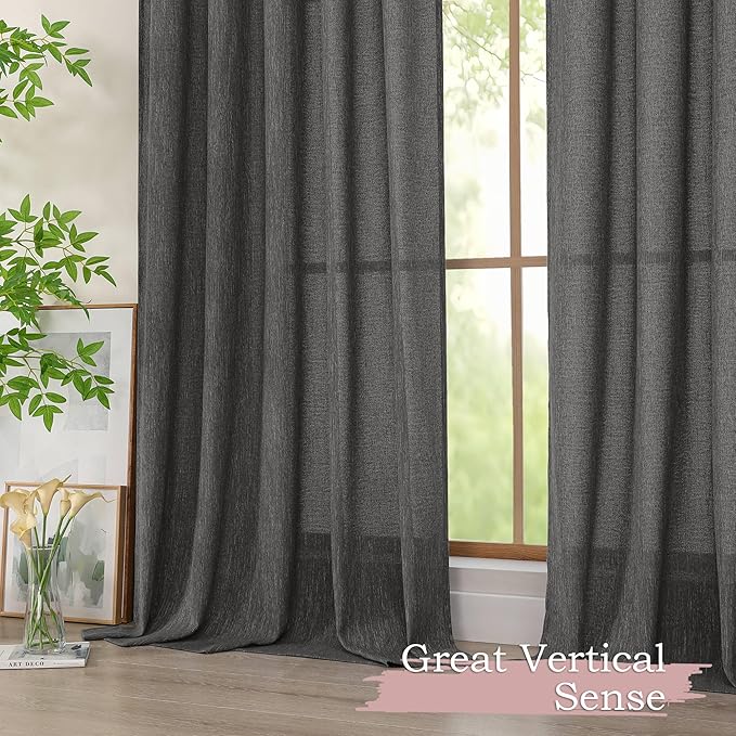 Simplebrand Grey Faux Linen Textured Semi Sheer Curtains 96 Inches Long 2 Panels Set, Light Filtering Soft Thick Farmhouse Curtains Window Treatment for Bedroom/Living Room/Dining Room, 50 x 96 Inch