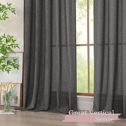 Simplebrand Grey Faux Linen Textured Semi Sheer Curtains 96 Inches Long 2 Panels Set, Light Filtering Soft Thick Farmhouse Curtains Window Treatment for Bedroom/Living Room/Dining Room, 50 x 96 Inch