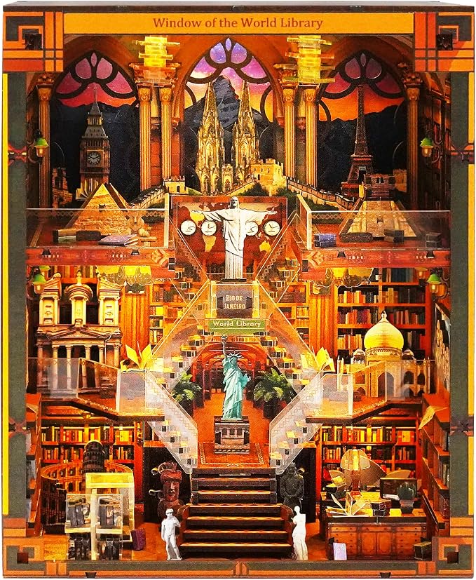 Book Nook Kits for Adults – The World Library Booknook – 3D Wooden Puzzle by Unknown