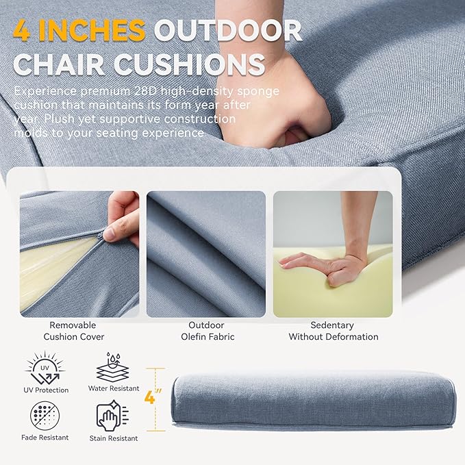 Patio Cushions for Outdoor Furniture - 22" x 25" x 4" UV Resistant Thick Foam Cushions Water Resistant Replacement Cushion for Outdoor Patio Furniture Chair/Sofa/Couch | Baby Blue | 3-Pack |