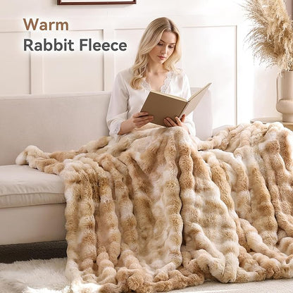 Smoofy Faux Fur Throw Blanket for Couch – Tie-dye Camel Fluffy Cozy Rabbit Fleece, Plush Soft Bubble Blanket for Sofa & Bed, for Mom, Warm Fuzzy Home Room Decor Throw 60" x 80"