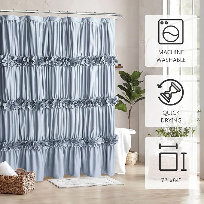 Fog Blue Ruffle Shower Curtain 72“ W x 84” H, Vintage Handcrafted Bow Tie Bath - Image 5