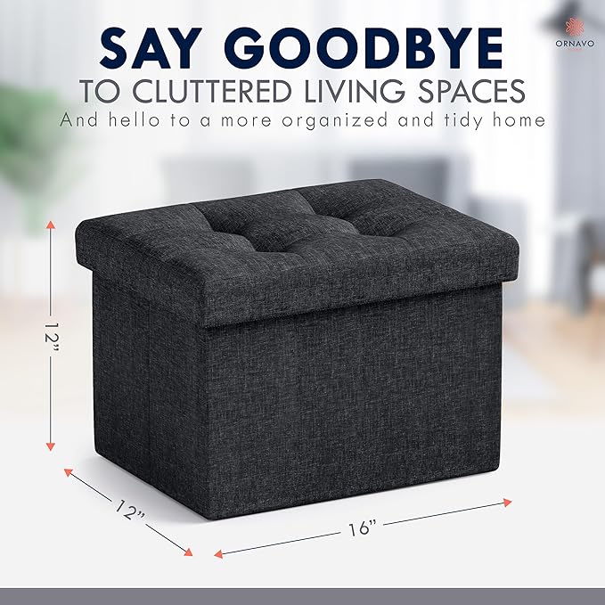 Ornavo Home Small Storage Ottoman Foldable Collapsible Rectangle Linen Ottoman - Image 2