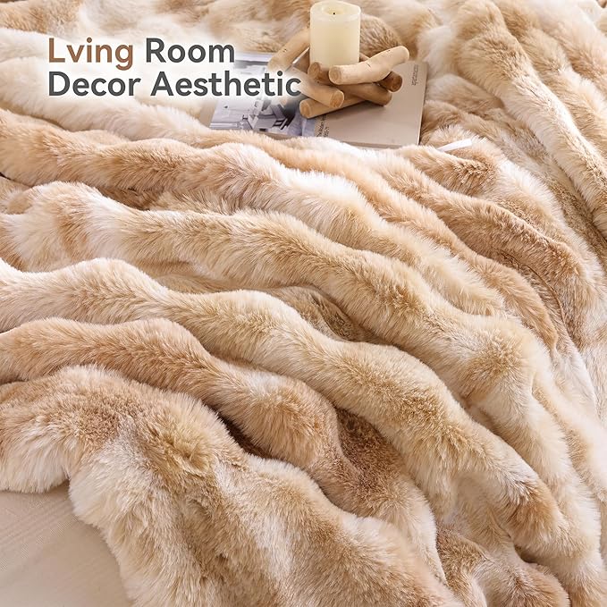 Smoofy Faux Fur Throw Blanket for Couch – Tie-dye Camel Fluffy Cozy Rabbit Fleece, Plush Soft Bubble Blanket for Sofa & Bed, for Mom, Warm Fuzzy Home Room Decor Throw 60" x 80"