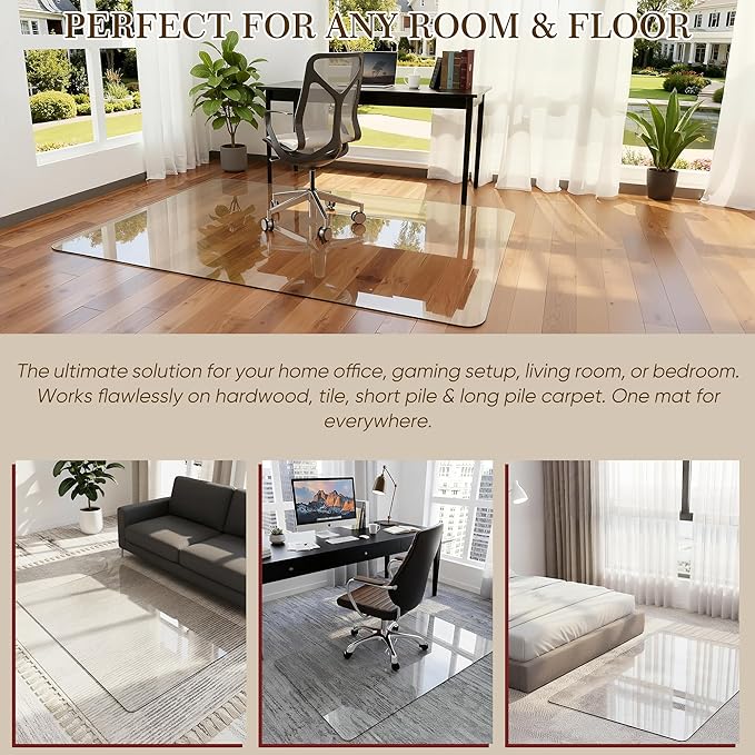 32" x 48" Tempered Glass Office Chair Mat for Carpet & Hardwood Floor, 1/6" Thick Clear Floor Protector Desk Chair Mat with Rounded and Polished Edges
