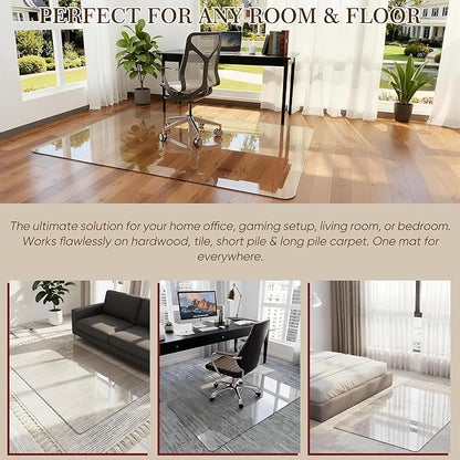 45"x55" Tempered Glass Office Chair Mat for Carpet & Hardwood Floor, 1/5" Thick Clear Floor Protector Desk Chair Mat with Rounded and Polished Edges