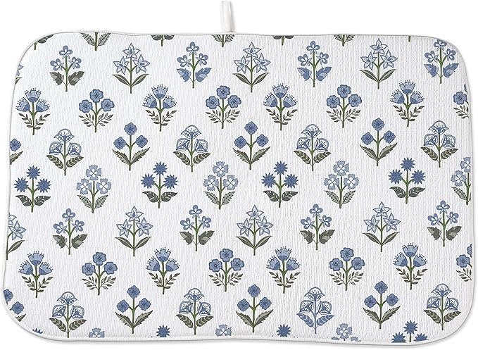 Blue Sage Green Block Print Dish Drying Mats 18x24 Inch Blue Sage Green Vintage by GOLIANDA