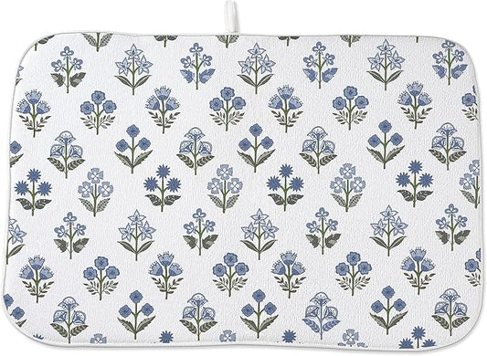 Blue Sage Green Block Print Dish Drying Mats 18x24 Inch Blue Sage Green Vintage by GOLIANDA