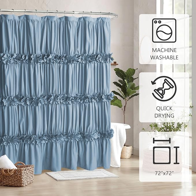Dusty Blue Ruffle Shower Curtain, Vintage Handcrafted Bow Tie Bath Curtain - Image 4