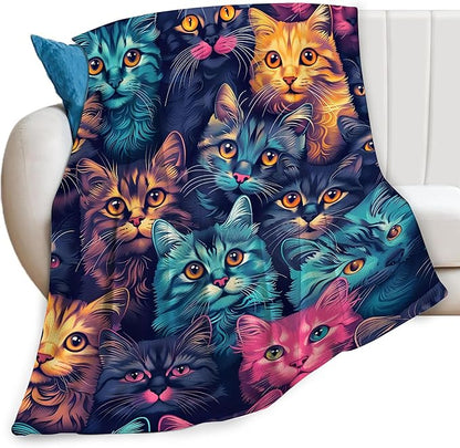 Funny Colorful Cat Print Blanket Kawaii Kitty Animal Throw Blankets Gifts for Couch Sofa Bed Stuff Decor Soft Cozy Fleece Plush Warm Flannel Bedding for Lover Men Women 40"x50"